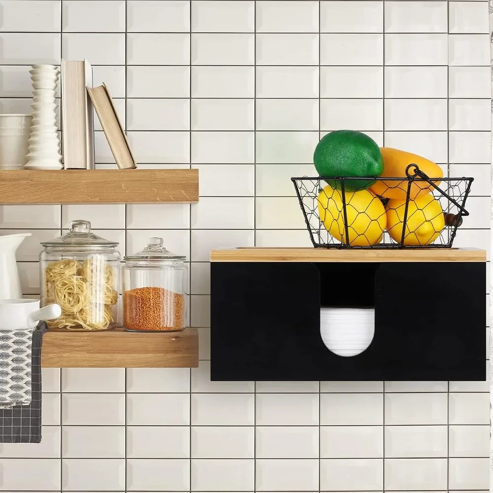 Wall Mount Paper Towel Holder Wood Dispenser Kitchen Napkin Storage Bamboo Top